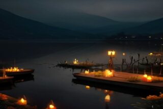 Panteón iluminado con velas y cempasúchil junto a un lago de noche, alusivo a la noche de muertos Pátzcuaro en Janitzio