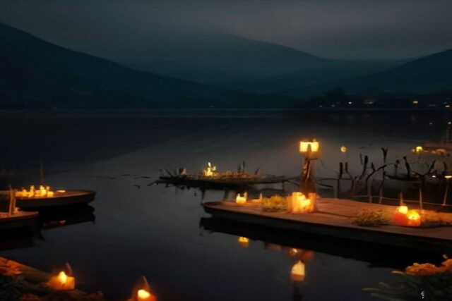 Panteón iluminado con velas y cempasúchil junto a un lago de noche, alusivo a la noche de muertos Pátzcuaro en Janitzio