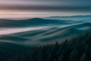 Vista aérea de montañas cubiertas de bosque de pinos con neblina entre los valles al amanecer y un cielo rosado