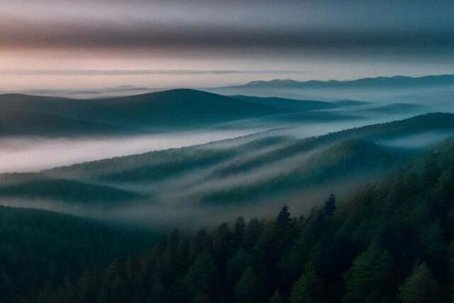 Vista aérea de montañas cubiertas de bosque de pinos con neblina entre los valles al amanecer y un cielo rosado