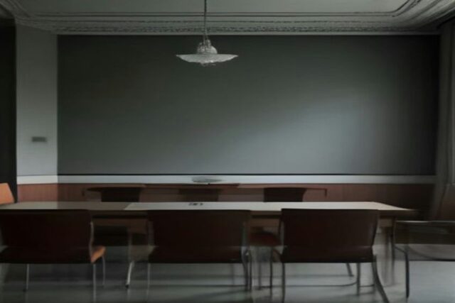 Sala de juntas vacía con una larga mesa, sillas alineadas, una lámpara colgante y una pizarra oscura al fondo
