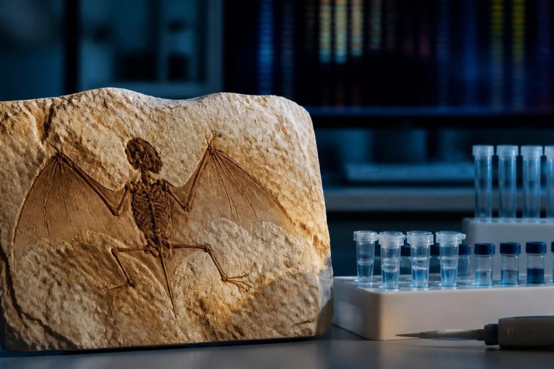 Fósil de murciélago con las alas abiertas en una losa de piedra caliza junto a tubos de muestras de ADN en un laboratorio de genómica
