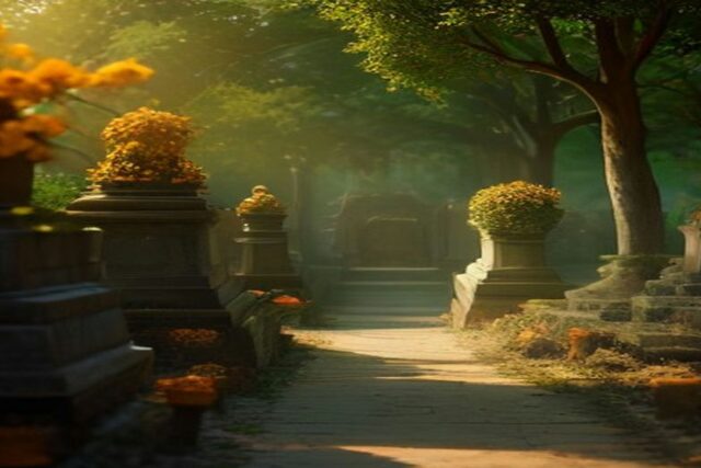 Pasillo de un panteón tradicional al atardecer con tumbas de piedra adornadas con flores de cempasúchil bajo los árboles, alusivo a la visita a los panteones en CDMX en Día de Muertos