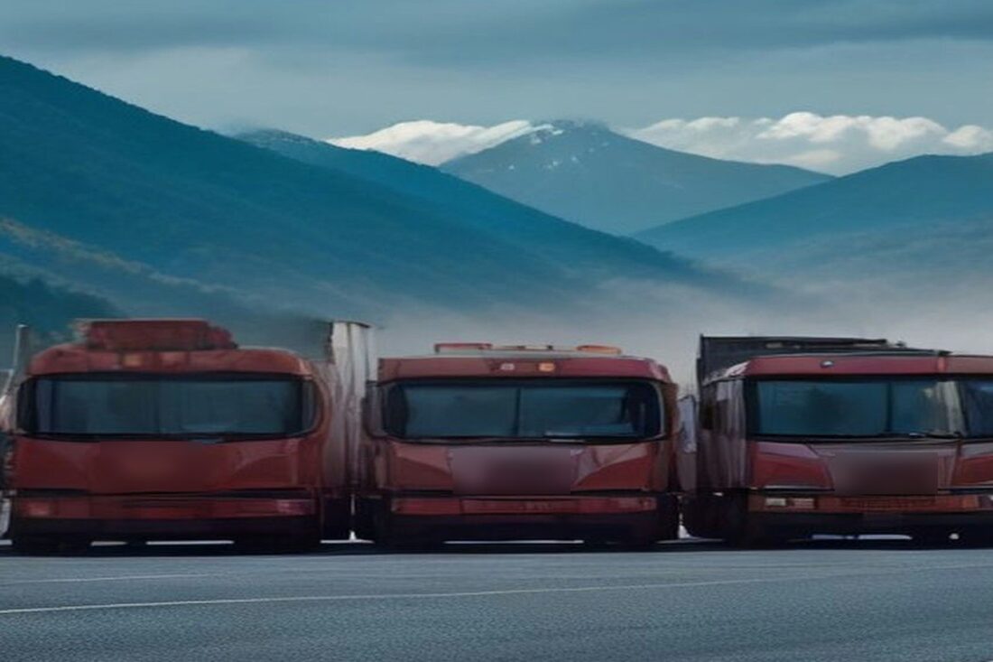 Fila de tractocamiones rojos detenidos uno junto a otro en una explanada, con montañas y nubes al fondo