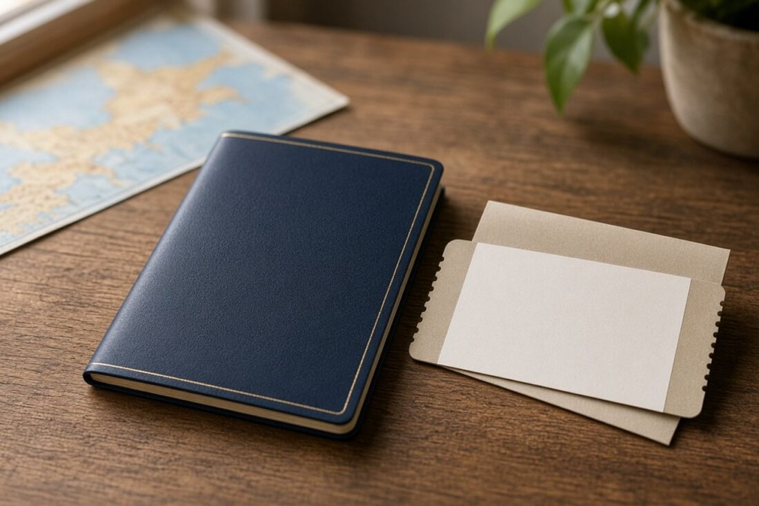 Pasaporte de cubierta azul marino con filete dorado sobre una mesa de madera junto a un mapa y tarjetas en blanco, alusivo al trámite del pasaporte mexicano 2026