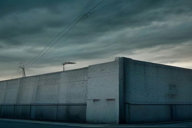 Muro alto de concreto con alambre de púas y postes de luz bajo un cielo nublado al anochecer