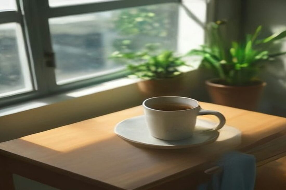Mesa de madera junto a una ventana soleada con plantas y una taza, en una cocina tranquila, alusiva al pago de la Pensión Bienestar de noviembre de 2026
