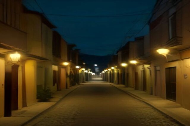 Calle angosta empedrada al anochecer con faroles encendidos y fachadas de casas a ambos lados bajo un cielo azul oscuro