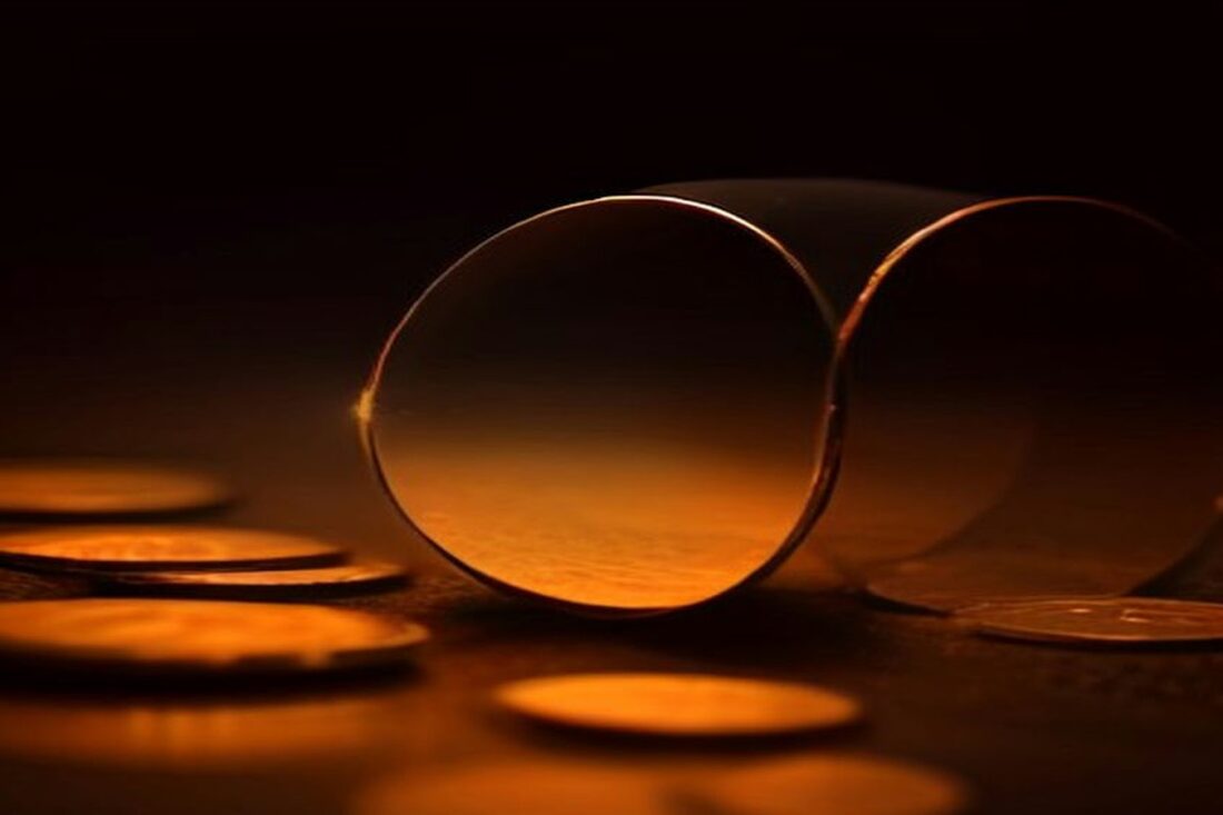 Monedas iluminadas con luz naranja sobre una superficie oscura junto a un lente de vidrio curvo