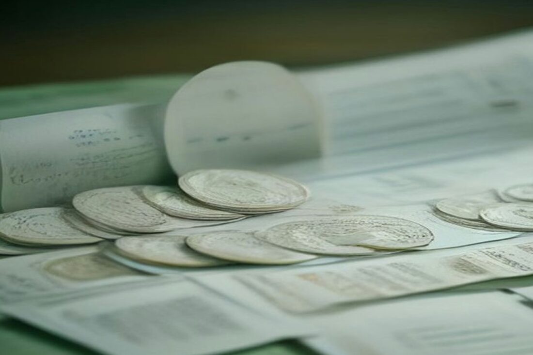 Monedas plateadas apiladas y dispersas sobre hojas de papel impresas en una mesa con fondo verde desenfocado