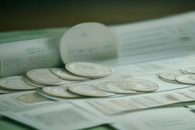 Monedas plateadas apiladas y dispersas sobre hojas de papel impresas en una mesa con fondo verde desenfocado