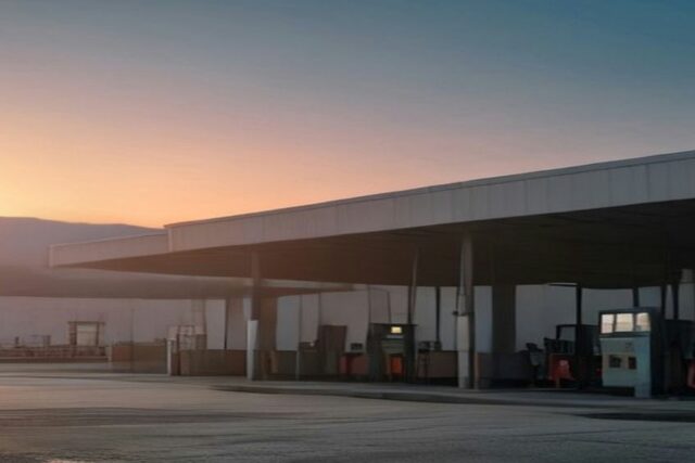 Hilera de dispensadores de combustible con mangueras bajo el techo de una gasolinera vacía al atardecer, con luz cálida y sin letreros, personas ni texto