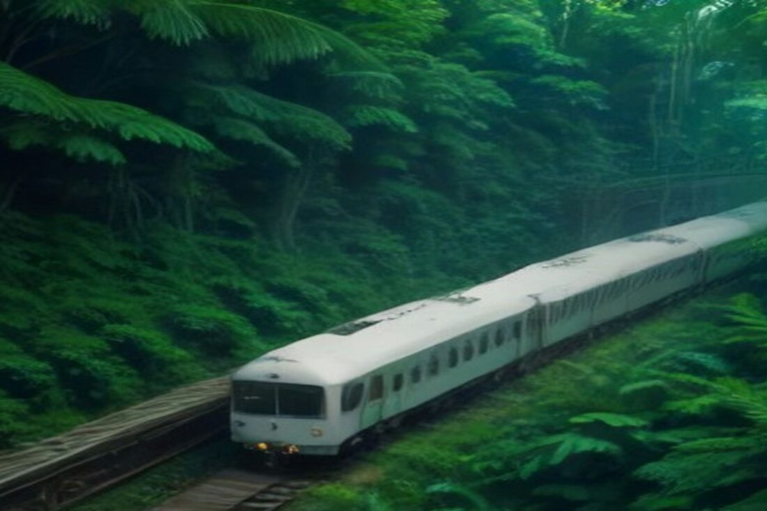Tren de pasajeros blanco que avanza por una vía rodeada de selva tropical verde y helechos, alusivo a los precios del Tren Maya 2026 por tramo y tipo de tarifa