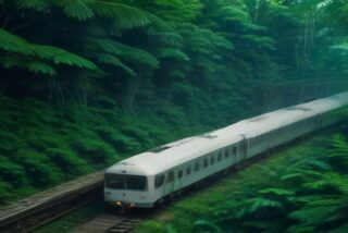 Tren de pasajeros blanco que avanza por una vía rodeada de selva tropical verde y helechos, alusivo a los precios del Tren Maya 2026 por tramo y tipo de tarifa