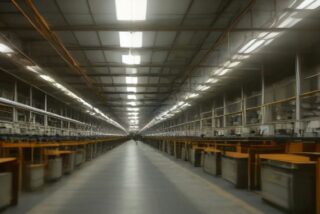 Nave industrial amplia y vacía con estaciones de trabajo de madera y estructuras metálicas bajo lámparas que se pierden al fondo, sin personas ni texto