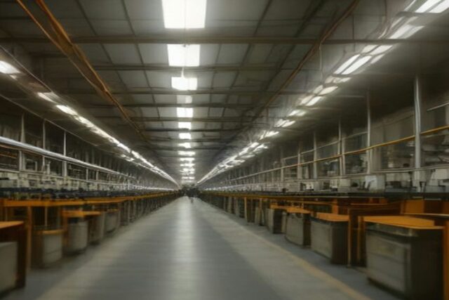 Nave industrial amplia y vacía con estaciones de trabajo de madera y estructuras metálicas bajo lámparas que se pierden al fondo, sin personas ni texto