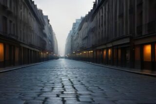 Calle empedrada vacía de una ciudad europea al amanecer, flanqueada por edificios clásicos con escaparates iluminados y ambiente brumoso, sin personas ni texto