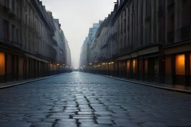 Calle empedrada vacía de una ciudad europea al amanecer, flanqueada por edificios clásicos con escaparates iluminados y ambiente brumoso, sin personas ni texto