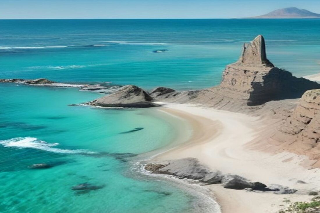Costa con mar turquesa, playa de arena clara y una formación rocosa alta bajo cielo despejado