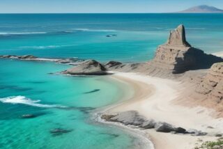 Costa con mar turquesa, playa de arena clara y una formación rocosa alta bajo cielo despejado