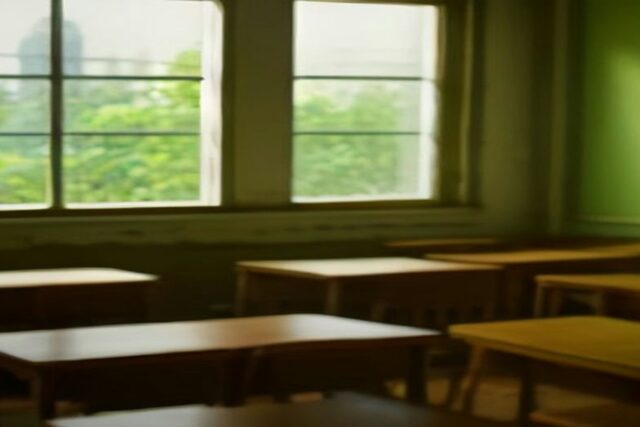 Salón de clases vacío con pupitres de madera y luz de mañana, alusivo al puente de Día de Muertos 2026 sin clases de la SEP