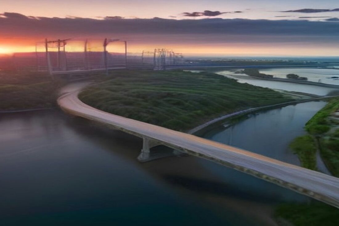 Vista aérea de un puente curvo que cruza un río entre dos orillas con vegetación al atardecer