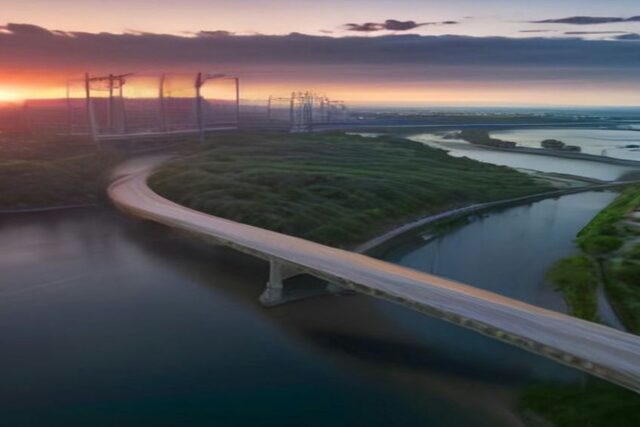 Vista aérea de un puente curvo que cruza un río entre dos orillas con vegetación al atardecer