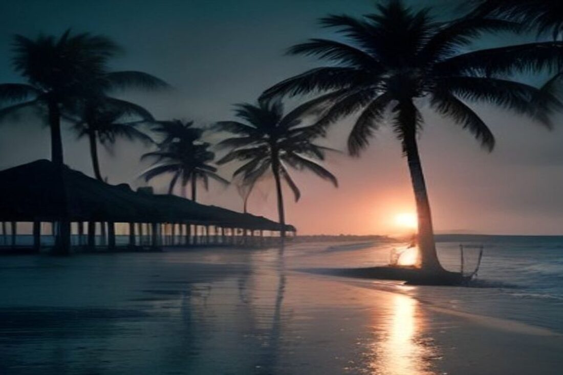 Playa tropical vacía al atardecer con palmeras agitadas por el viento, una palapa y el mar crecido bajo un cielo de tormenta, alusiva a Puerto Vallarta ante el huracán Simón