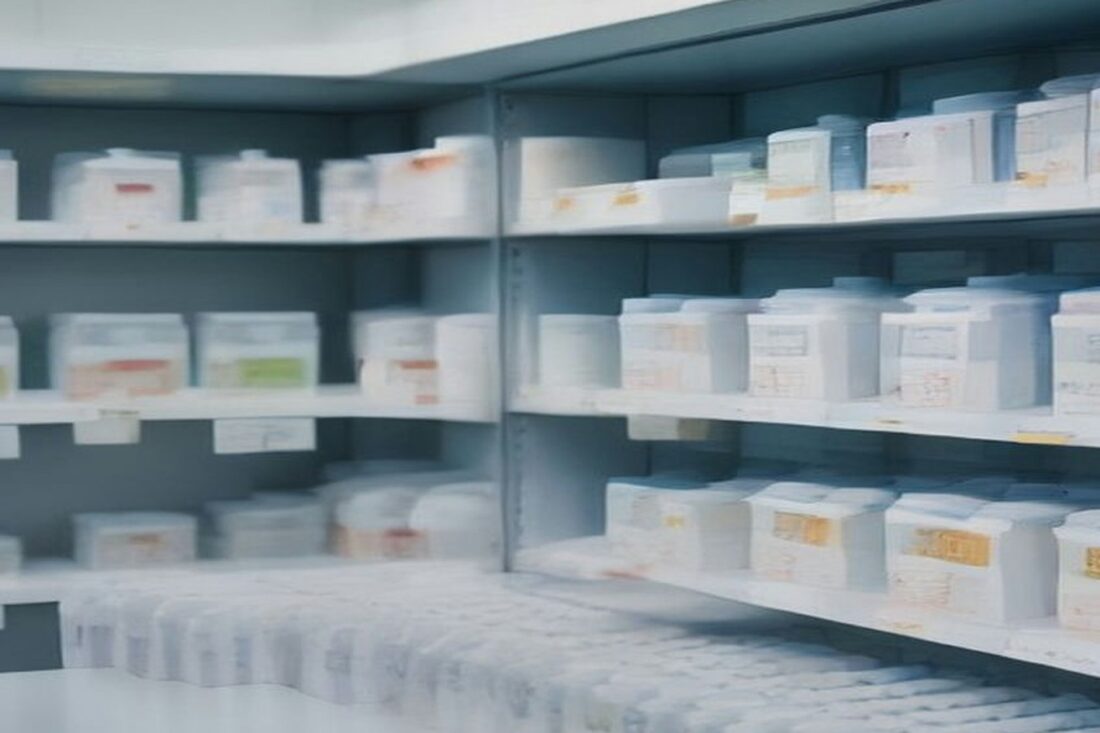 Anaqueles blancos de una farmacia de hospital con cajas y frascos de medicamentos ordenados en varias filas, con luz suave