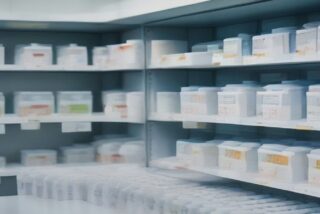 Anaqueles blancos de una farmacia de hospital con cajas y frascos de medicamentos ordenados en varias filas, con luz suave