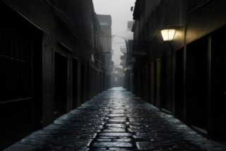 Callejón angosto y vacío de noche con piso empedrado mojado, iluminado por lámparas amarillas en las paredes
