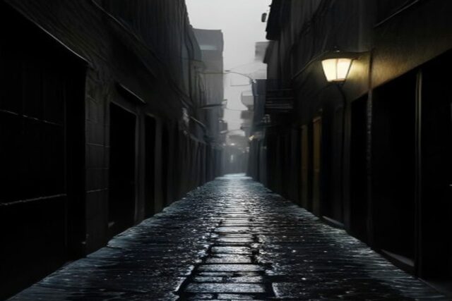 Callejón angosto y vacío de noche con piso empedrado mojado, iluminado por lámparas amarillas en las paredes