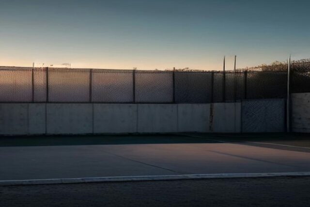 Explanada de concreto vacía junto a un muro y una malla ciclónica en un barrio al atardecer, con postes de luz y cielo en tonos azules