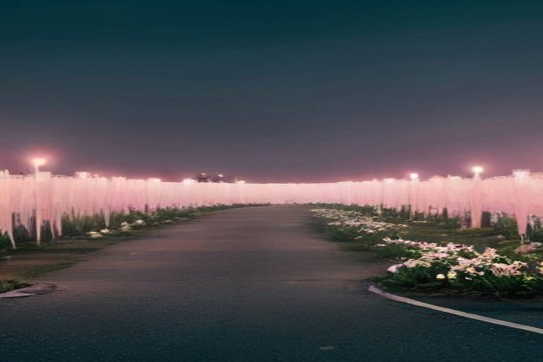 Hilera de listones y hojas rosas colgadas de una reja junto a un camino con flores blancas al atardecer, sin personas ni texto