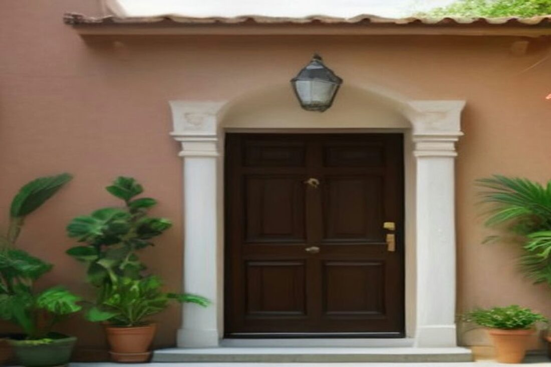Puerta de madera oscura en una fachada rosada con marco de cantera, farol, macetas con plantas y bugambilias en flor, alusiva al registro casa por casa de la Pensión Hombres Bienestar en la CDMX