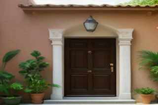 Puerta de madera oscura en una fachada rosada con marco de cantera, farol, macetas con plantas y bugambilias en flor, alusiva al registro casa por casa de la Pensión Hombres Bienestar en la CDMX