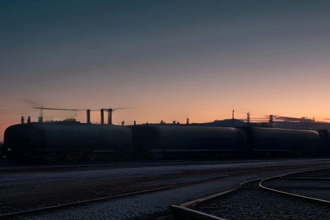 Fila de carros tanque de ferrocarril sobre vías al atardecer con estructuras industriales y postes al fondo