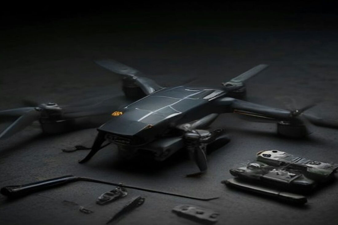 Dron cuadricóptero oscuro sobre una mesa de trabajo junto a herramientas y piezas electrónicas, con iluminación tenue, sin personas ni texto