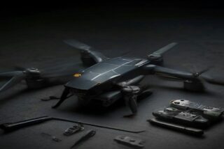 Dron cuadricóptero oscuro sobre una mesa de trabajo junto a herramientas y piezas electrónicas, con iluminación tenue, sin personas ni texto