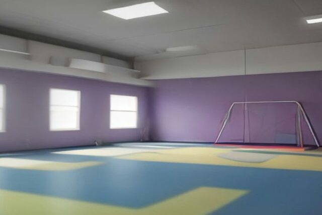 Sala de terapia vacía con piso de colores, paredes lilas, ventanas y un aparato de ejercicio al fondo