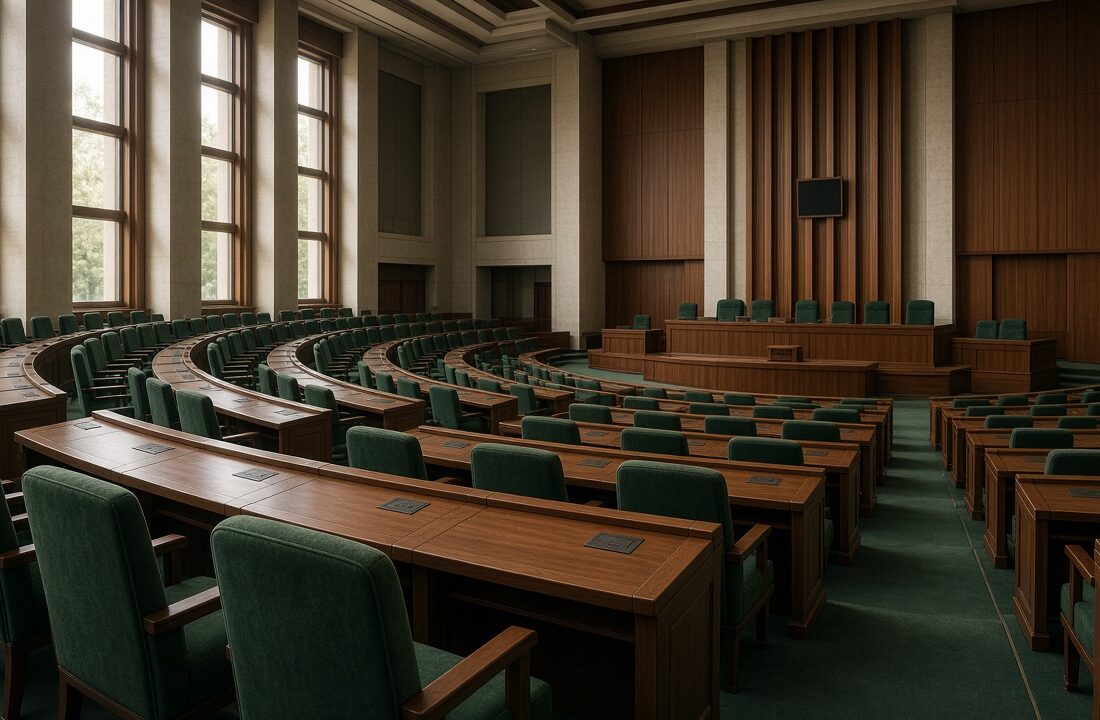 Hemisferio vacío de cámara legislativa con asientos verdes y luz lateral suave