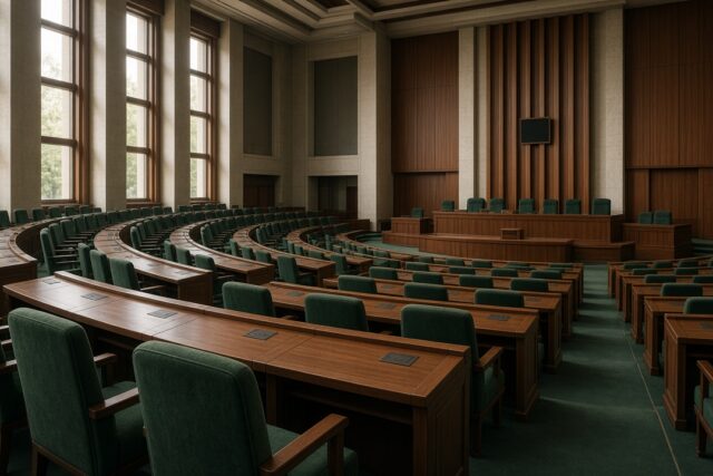Hemisferio vacío de cámara legislativa con asientos verdes y luz lateral suave