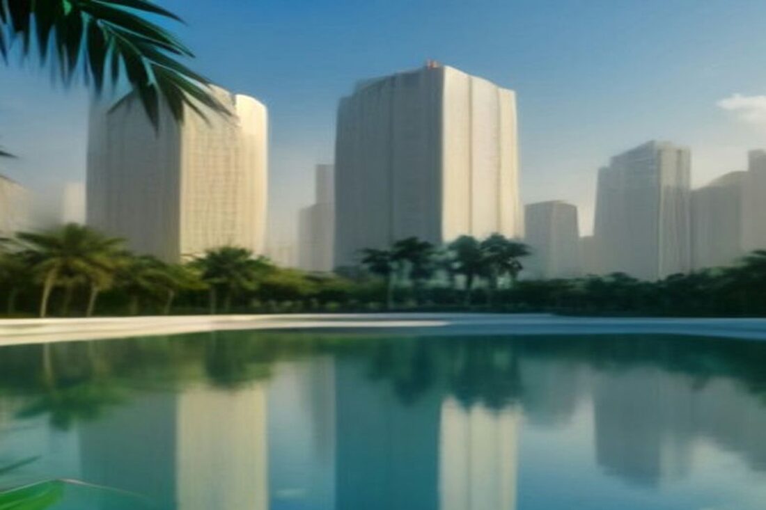 Edificios modernos blancos reflejados en un espejo de agua con palmeras y hojas tropicales en primer plano, alusivos a la segunda vuelta en Brasil 2026