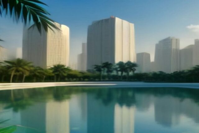 Edificios modernos blancos reflejados en un espejo de agua con palmeras y hojas tropicales en primer plano, alusivos a la segunda vuelta en Brasil 2026