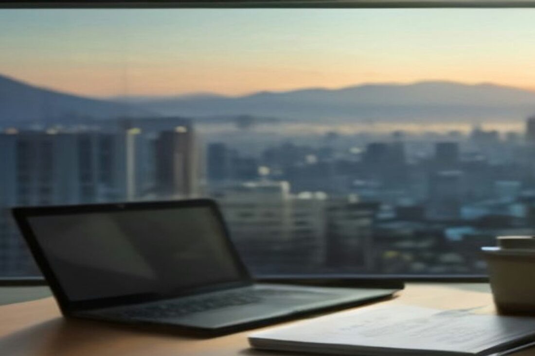 Laptop abierta y carpetas de documentos sobre un escritorio frente a una ventana con vista a la Ciudad de México al amanecer, alusiva al registro del Seguro de Desempleo CDMX