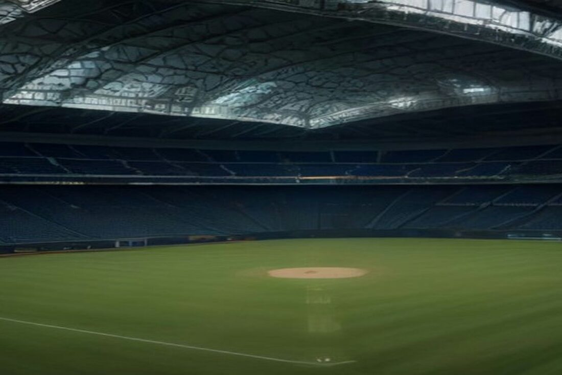 Estadio de béisbol vacío bajo un techo cerrado, con pasto verde, diamante iluminado y gradas azules, alusivo al Juego 4 de la Serie Mundial 2026