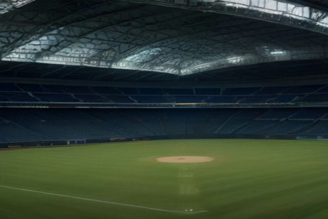 Estadio de béisbol vacío bajo un techo cerrado, con pasto verde, diamante iluminado y gradas azules, alusivo al Juego 4 de la Serie Mundial 2026