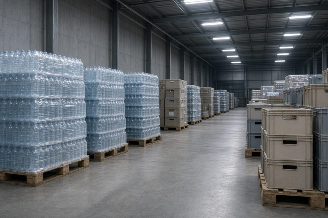 Almacén vacío de víveres y agua embotellada con luz artificial, alusivo a la respuesta federal sin ayuda internacional ante huracanes