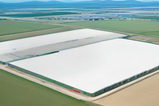 Vista aérea de grandes naves industriales de techo blanco en construcción sobre una planicie verde con cerros al fondo