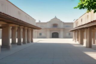 Plaza municipal vacía con portales de columnas a los lados y un edificio de cúpula al fondo bajo cielo despejado, alusiva al sorteo del Servicio Militar 2026